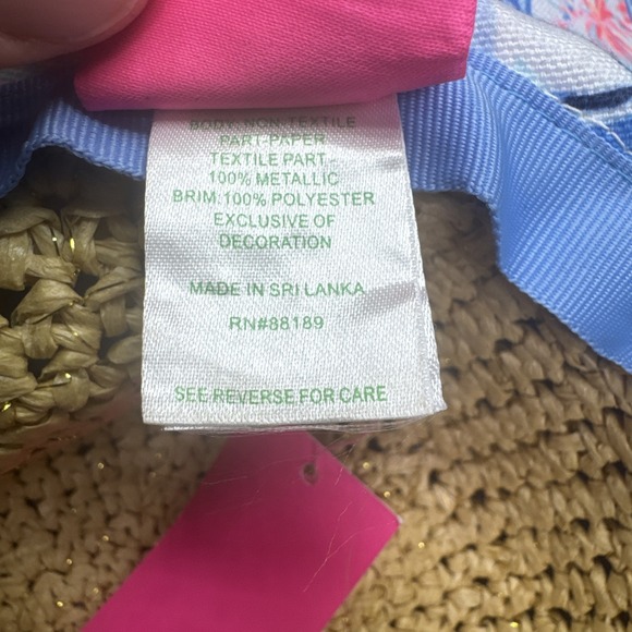 Lilly Pulitzer Straw Wide Brim Sun Hat Tropical Floral Print Pink Blue One Size - Picture 11 of 13